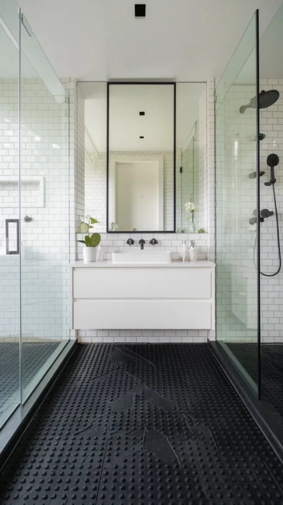 Serene bathroom with matte black floors, freestanding tub, and soft natural light from frosted windows.