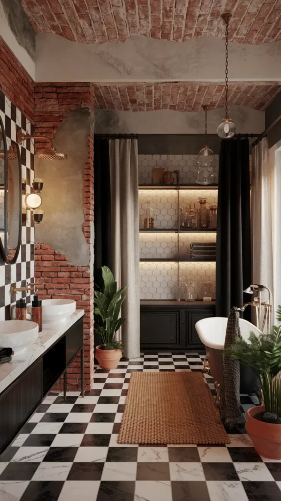 Glossy black-and-white checkered shower niche with LED strip lighting and chrome rainfall showerhead.