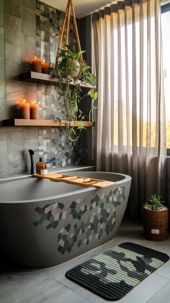 Minimalist camo bathroom with sage-green camo soap dispensers, floating vanity, and sheer linen drapes