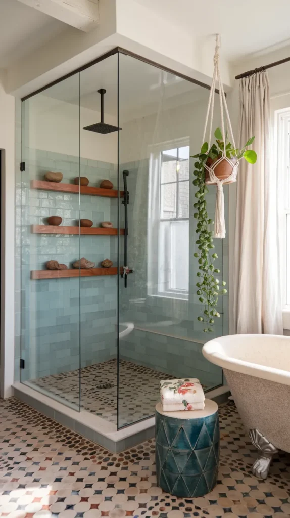 Minimalist Boho Charm: Floating Vanity with Matte Black Fixtures, Driftwood Stool, and Brass Pendant Lighting