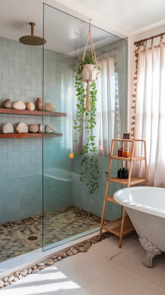 Minimalist Boho Charm: Floating Vanity with Matte Black Fixtures, Driftwood Stool, and Brass Pendant Lighting