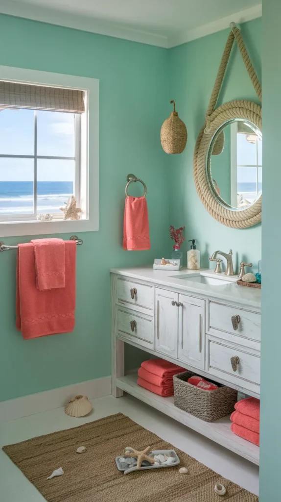 Coastal bathroom with seafoam green walls, coral pink towels, whitewashed wood vanity, and nautical rope-framed mirror.”