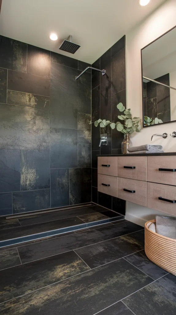 Budget-friendly bathroom with geometric-patterned black vinyl sheet walls and matte black fixtures.