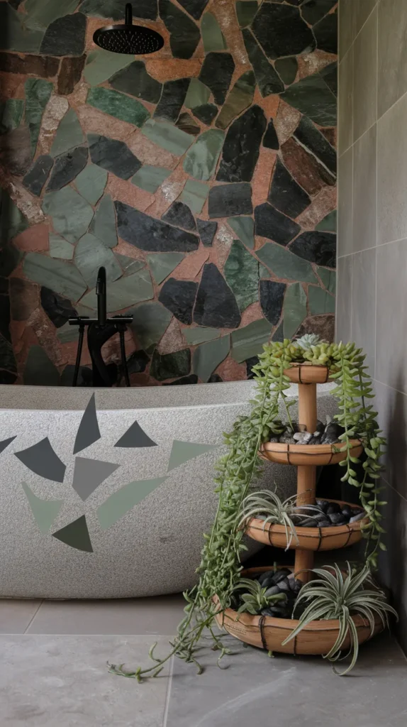 Minimalist camo bathroom with sage-green camo soap dispensers, floating vanity, and sheer linen drapes