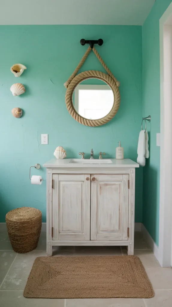 Coastal bathroom with seafoam green walls, coral pink towels, whitewashed wood vanity, and nautical rope-framed mirror.”