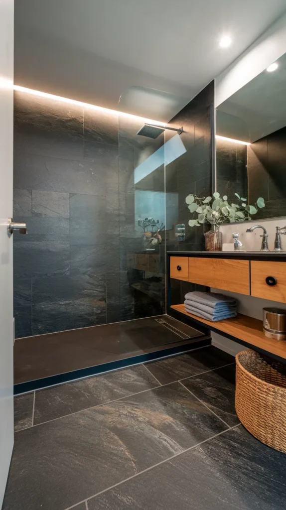 Seamless black epoxy bathroom floor with metallic silver swirls, minimalist fixtures, and recessed LED lighting.