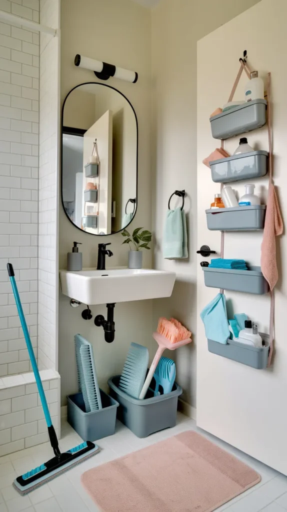 A vibrant and highly detailed feature image showcasing a beautifully organized dorm bathroom, combining all the smart storage and decor solutions