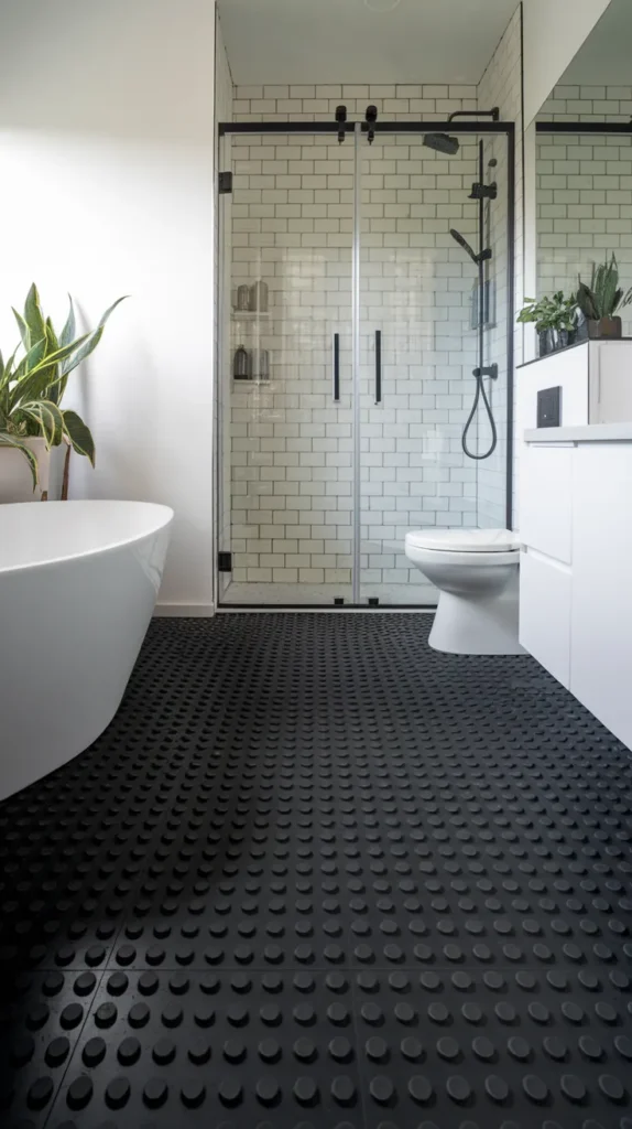 Serene bathroom with matte black floors, freestanding tub, and soft natural light from frosted windows.