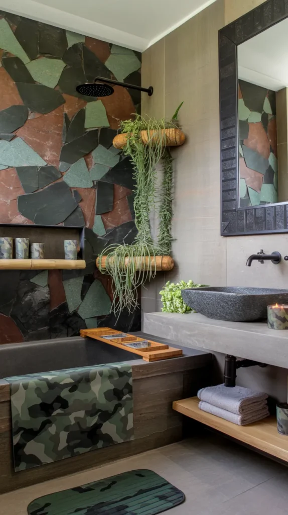 Minimalist camo bathroom with sage-green camo soap dispensers, floating vanity, and sheer linen drapes