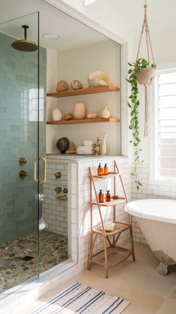 Warm, inviting ensuite with textured beige walls and antique brass fixtures