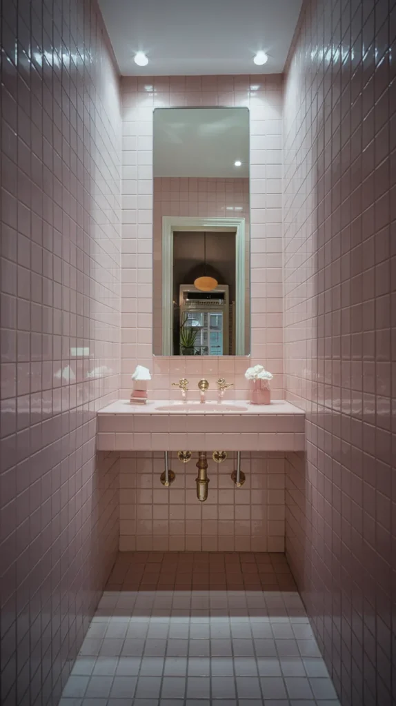 oft pink subway tiles installed vertically to create the illusion of height in a compact space.