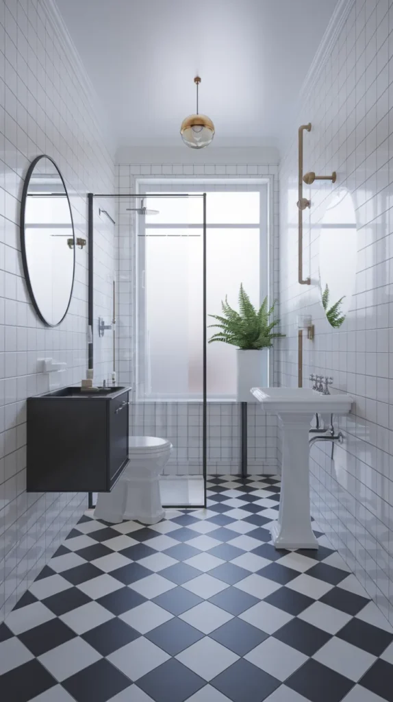 A retro-inspired bathroom with bold black and white checkerboard flooring and elegant gold accents.