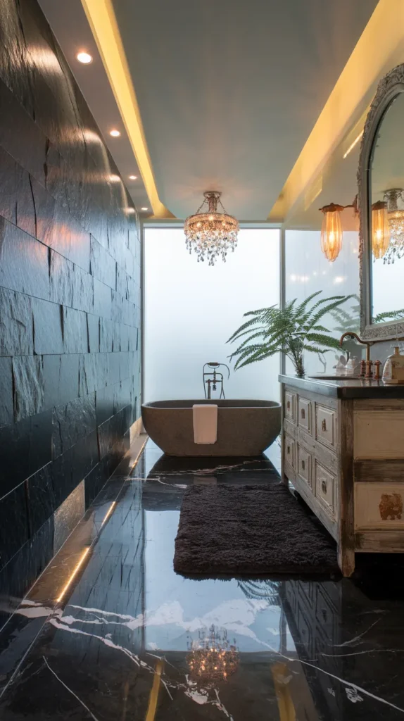 Urban loft-style bathroom with matte black industrial tiles, brushed nickel fixtures, and caged Edison bulb pendants.