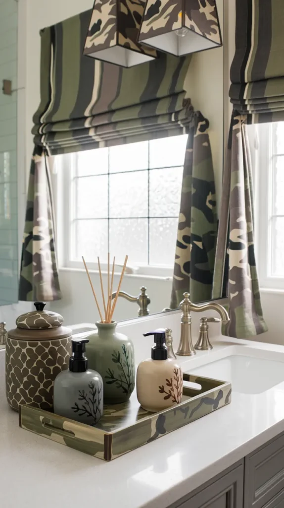 Sleek bathroom oasis with camo decal-clad bathtub, pebble floor accents, and cascading pothos plants.