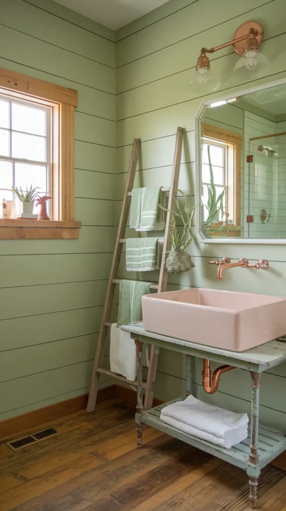 Rustic farmhouse bathroom with sage green shiplap walls, blush pink farmhouse sink, distressed wood vanity, and copper fixtures