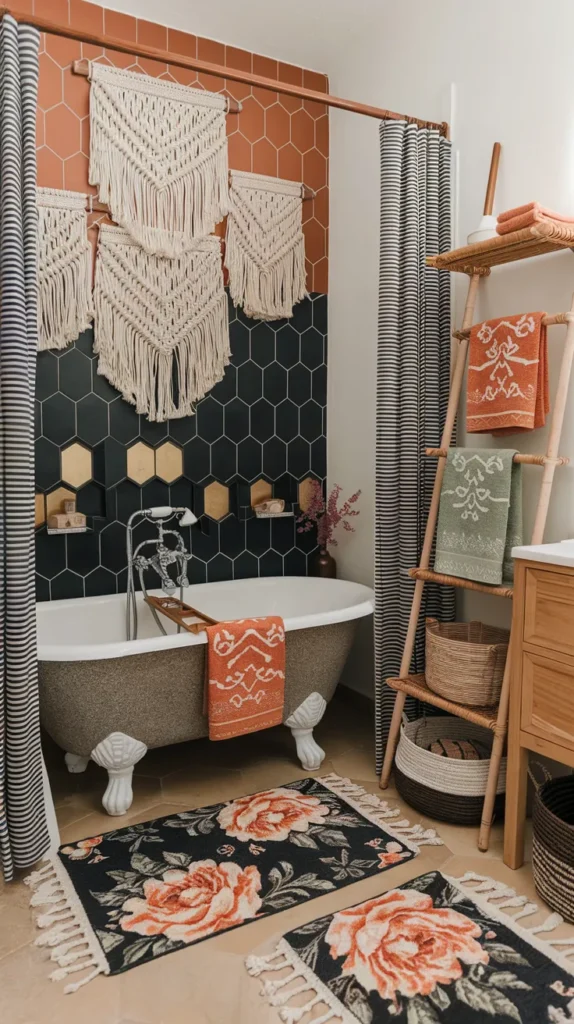 Earthy Elegance: Freestanding Stone Tub + Hexagonal Moroccan Tiles Under a Cascading Macrame Canopy