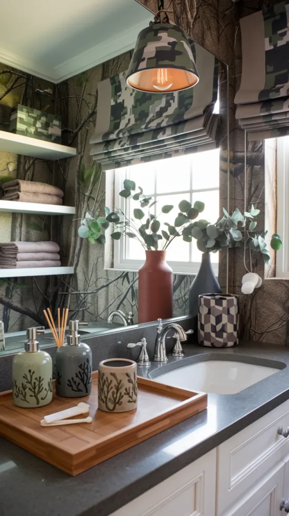 Sleek bathroom oasis with camo decal-clad bathtub, pebble floor accents, and cascading pothos plants.