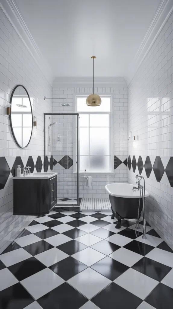 A retro-inspired bathroom with bold black and white checkerboard flooring and elegant gold accents.