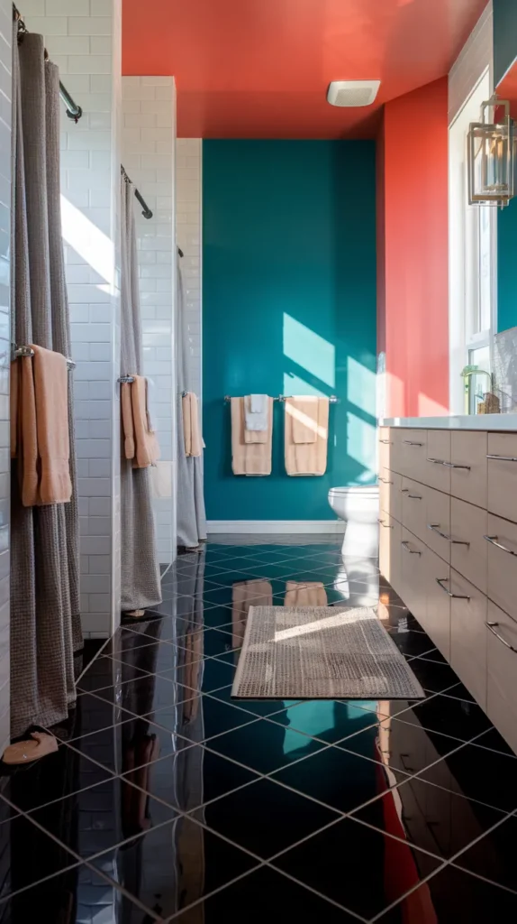 Moody bathroom with stained black concrete floors, raw brick walls, and matte black pendant lights.