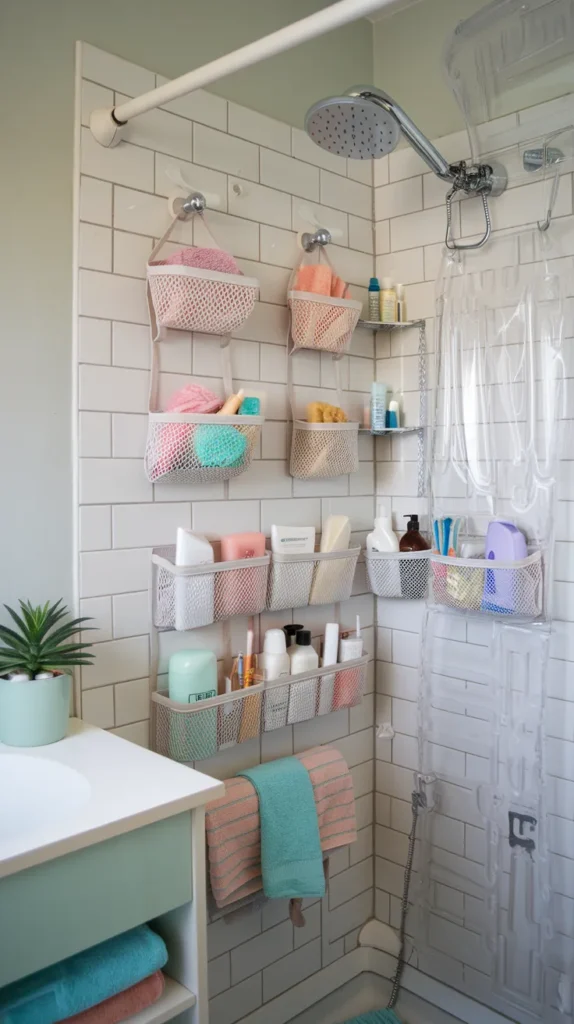 A vibrant and highly detailed feature image showcasing a beautifully organized dorm bathroom, combining all the smart storage and decor solutions