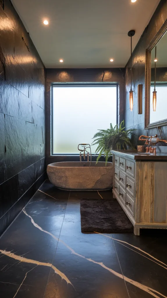 Urban loft-style bathroom with matte black industrial tiles, brushed nickel fixtures, and caged Edison bulb pendants.