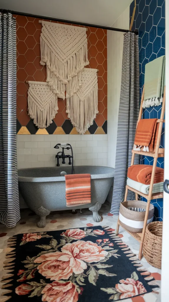 Earthy Elegance: Freestanding Stone Tub + Hexagonal Moroccan Tiles Under a Cascading Macrame Canopy