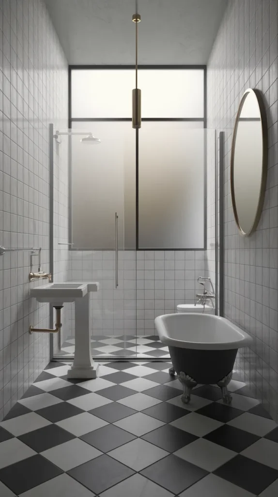 A retro-inspired bathroom with bold black and white checkerboard flooring and elegant gold accents.