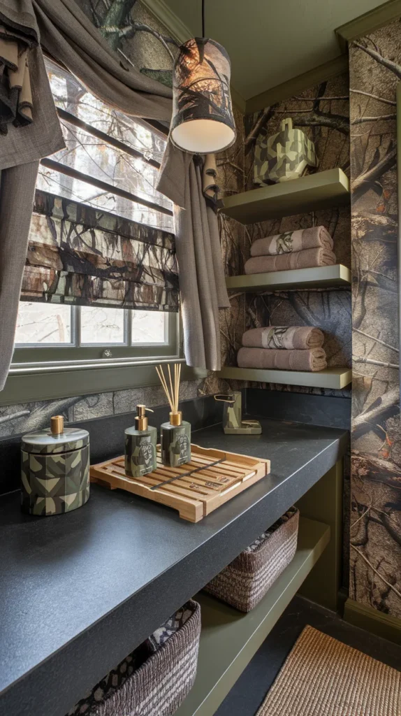 Sleek bathroom oasis with camo decal-clad bathtub, pebble floor accents, and cascading pothos plants.