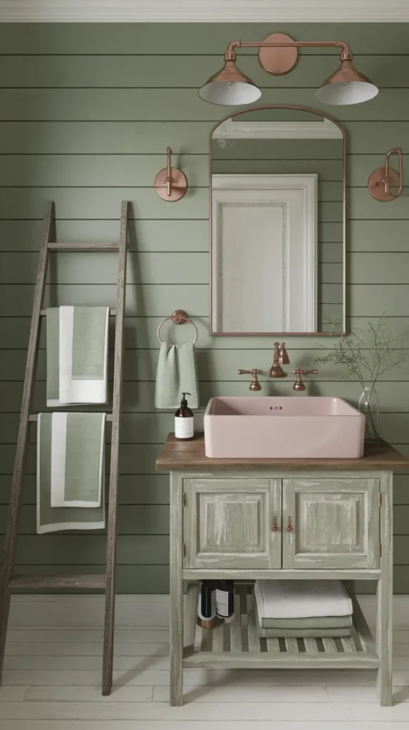 Rustic farmhouse bathroom with sage green shiplap walls, blush pink farmhouse sink, distressed wood vanity, and copper fixtures