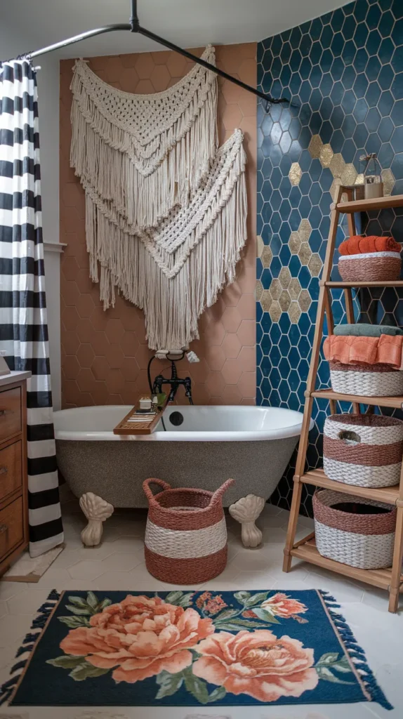 Earthy Elegance: Freestanding Stone Tub + Hexagonal Moroccan Tiles Under a Cascading Macrame Canopy