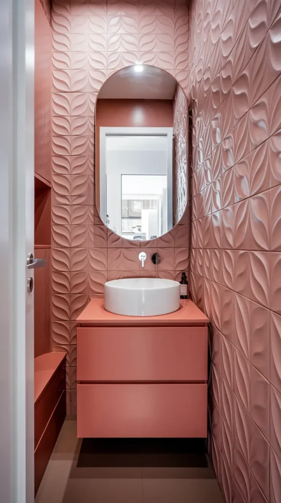 3D pink tiles with wavy textures reflecting light, giving the bathroom walls added depth.