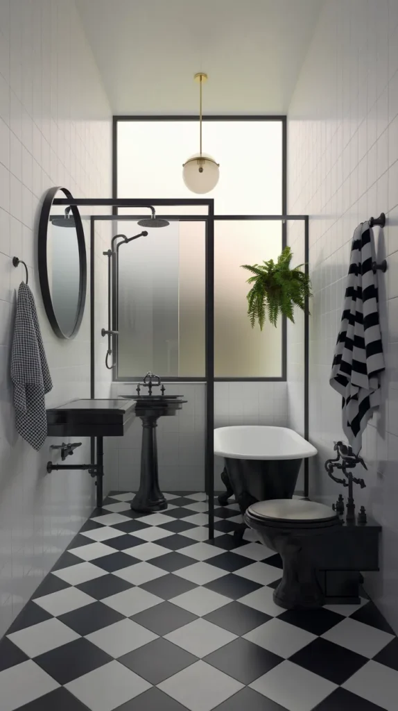 A retro-inspired bathroom with bold black and white checkerboard flooring and elegant gold accents.