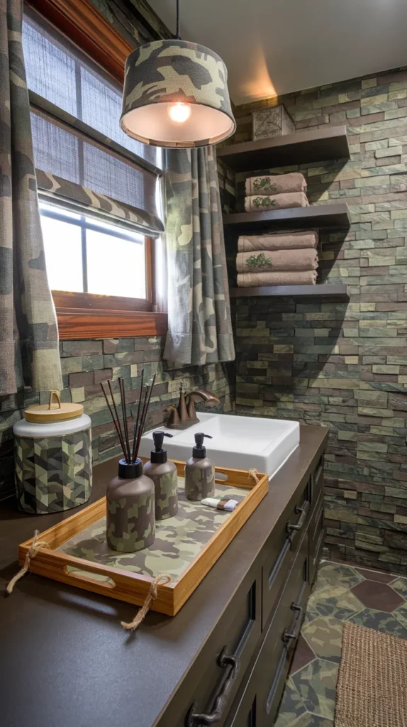 Sleek bathroom oasis with camo decal-clad bathtub, pebble floor accents, and cascading pothos plants.