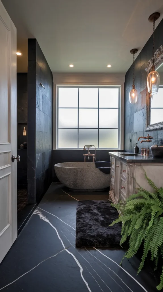 Urban loft-style bathroom with matte black industrial tiles, brushed nickel fixtures, and caged Edison bulb pendants.