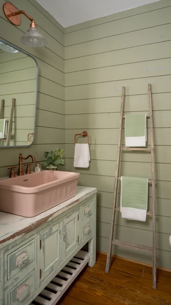 Rustic farmhouse bathroom with sage green shiplap walls, blush pink farmhouse sink, distressed wood vanity, and copper fixtures