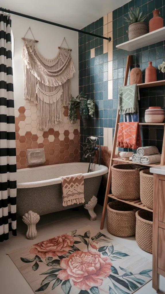 Earthy Elegance: Freestanding Stone Tub + Hexagonal Moroccan Tiles Under a Cascading Macrame Canopy