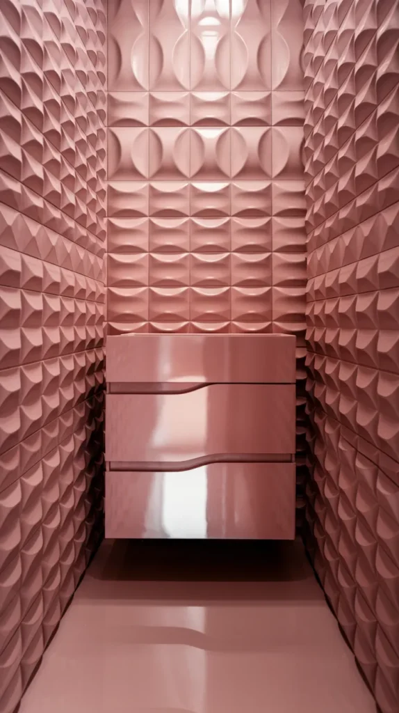 3D pink tiles with wavy textures reflecting light, giving the bathroom walls added depth.