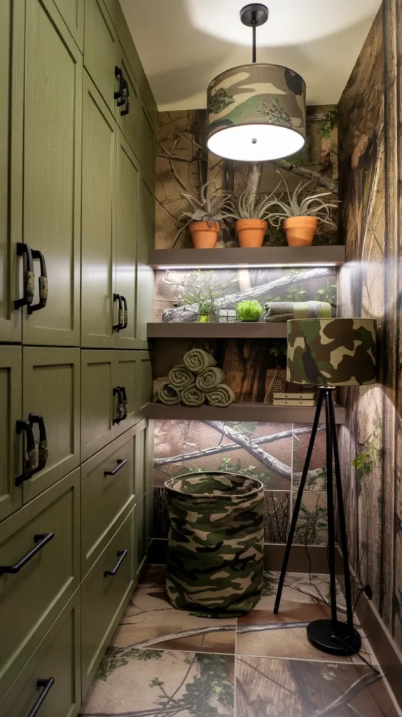 Tactical bathroom design with digital-camo shower panels, brushed brass sconces, and floating wooden shelves.