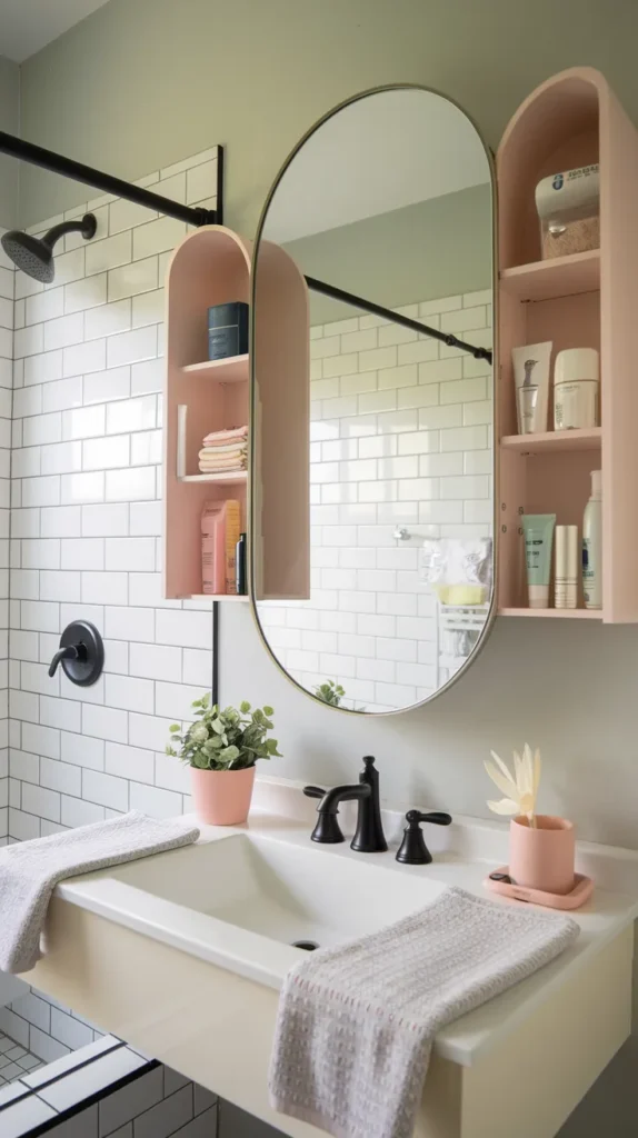 A vibrant and highly detailed feature image showcasing a beautifully organized dorm bathroom, combining all the smart storage and decor solutions