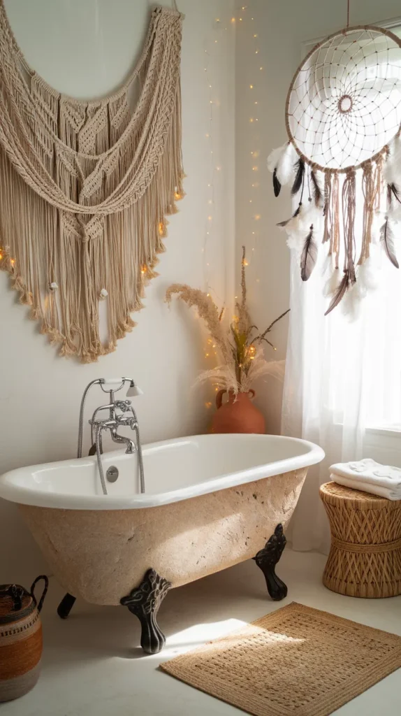 Vintage-style ensuite featuring brass faucets, stone sinks, and macrame wall hangings