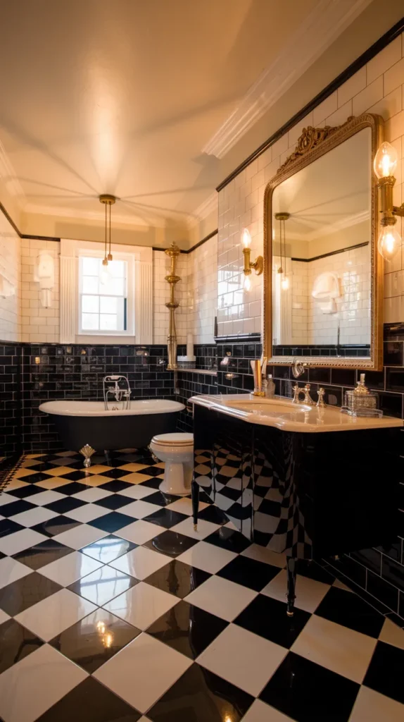 Modern checkered tile bathroom with sleek black and white contrast and contemporary fixtures.