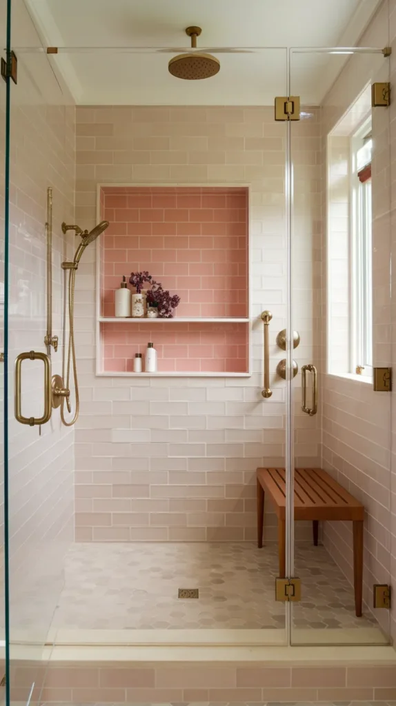 Hexagonal pink tiles arranged in a geometric pattern, enhancing the bathroom floor with modern flair