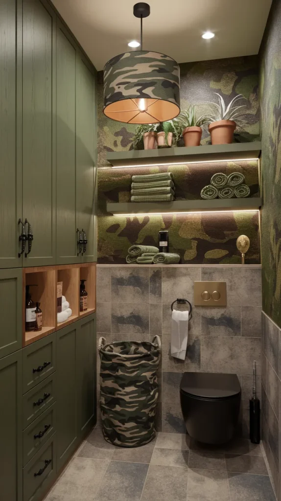 Tactical bathroom design with digital-camo shower panels, brushed brass sconces, and floating wooden shelves.