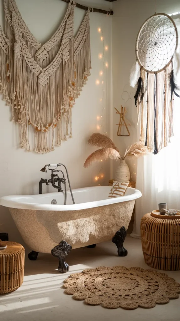 Vintage-style ensuite featuring brass faucets, stone sinks, and macrame wall hangings