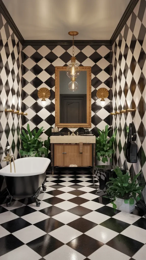 Modern checkered tile bathroom with sleek black and white contrast and contemporary fixtures.