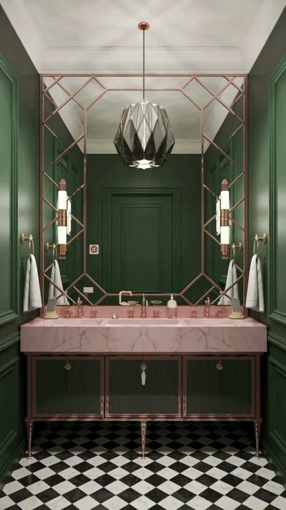 Art Deco bathroom with emerald green walls, rose gold fixtures, pink marble vanity, and black-and-white checkerboard flooring.