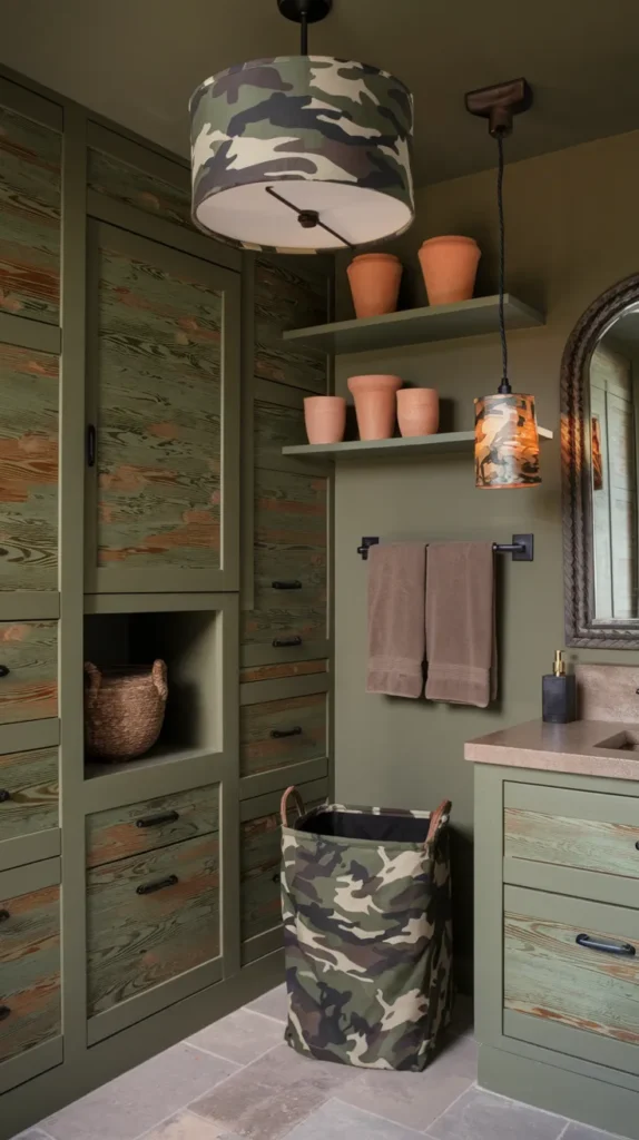 Tactical bathroom design with digital-camo shower panels, brushed brass sconces, and floating wooden shelves.