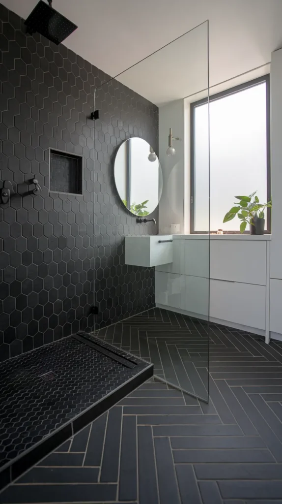 Industrial bathroom with textured black concrete floors, exposed copper pipes, and a reclaimed wood vanity.