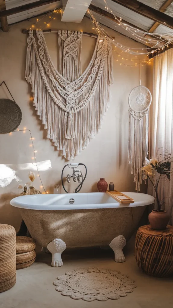 Vintage-style ensuite featuring brass faucets, stone sinks, and macrame wall hangings