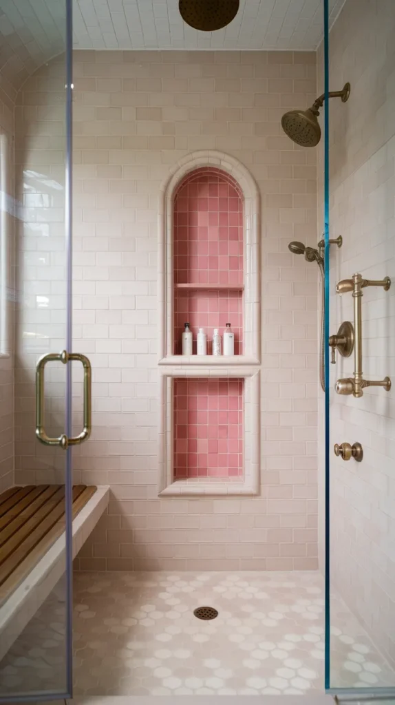 Hexagonal pink tiles arranged in a geometric pattern, enhancing the bathroom floor with modern flair